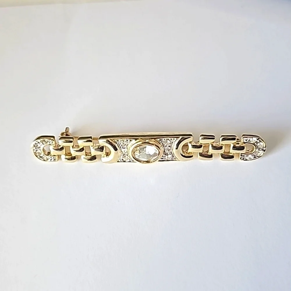 Vintage Gold Tone Metal and Rhinestone Chain Link Bar Brooch